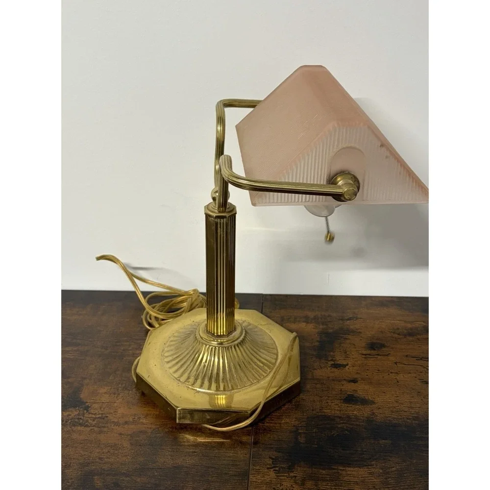 Vintage Ribbed Glass Shade Brass Bankers Desk Lamp Piano Light Art Deco AS IS